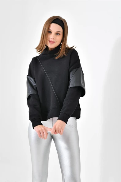 FTZ Women Kadın Deri Detaylı Sweatshırt  Siyah RBN4024 - 6