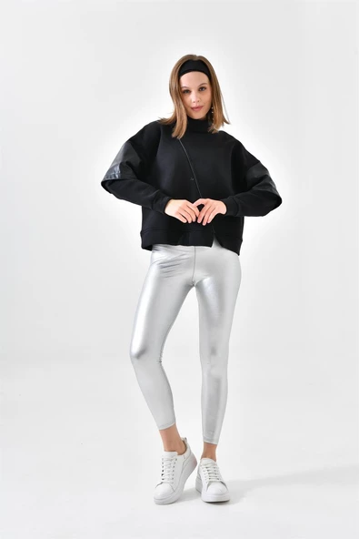 FTZ Women Kadın Deri Detaylı Sweatshırt  Siyah RBN4024