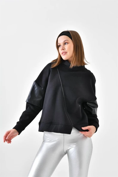FTZ Women Kadın Deri Detaylı Sweatshırt  Siyah RBN4024 - 4