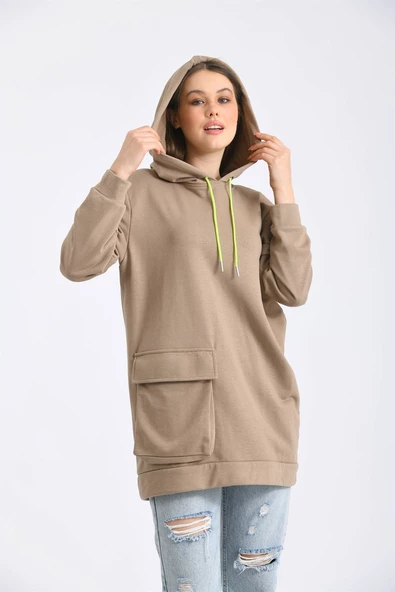 FTZ Women Kadın İki İp Kapşonlu Sweatshirt Beige 21-8827