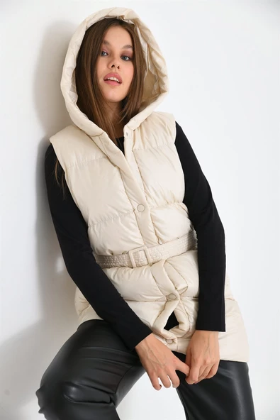 FTZ Women Kadın Kapüşonlu Kemer Detaylı Şişme Yelek  Beige RBN2030 - Resim 4