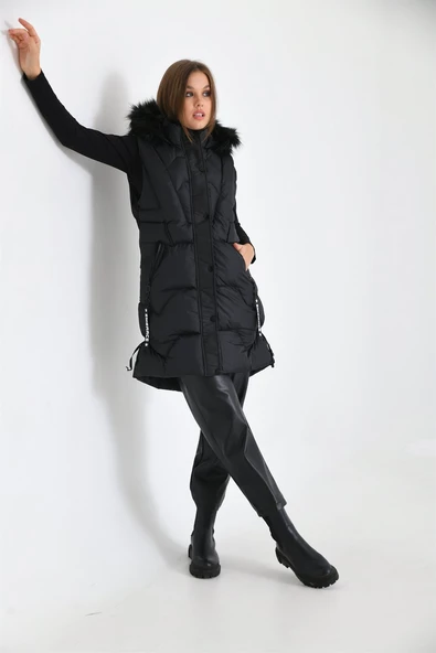 FTZ Women Kadın Kürk Detay Şişme Yelek  Siyah RBN2029 - Resim 7