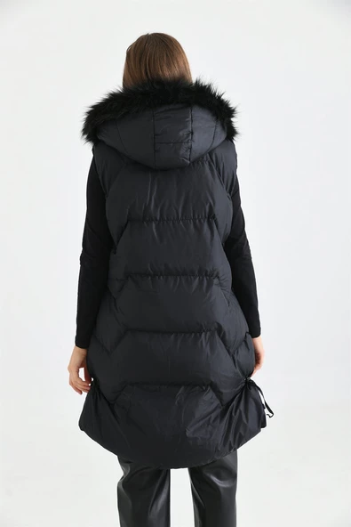 FTZ Women Kadın Kürk Detay Şişme Yelek  Siyah RBN2029 - Resim 3