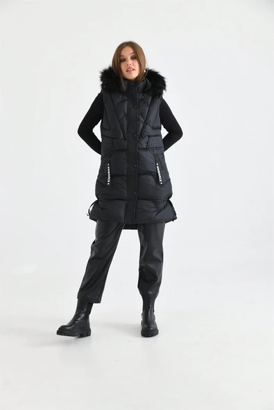 FTZ Women Kadın Kürk Detay Şişme Yelek  Siyah RBN2029 - Resim 5