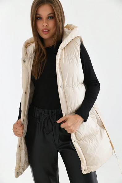 FTZ Women Kadın Kapüşonlu Kemer Detaylı Şişme Yelek  Beige RBN2030 - Resim 5