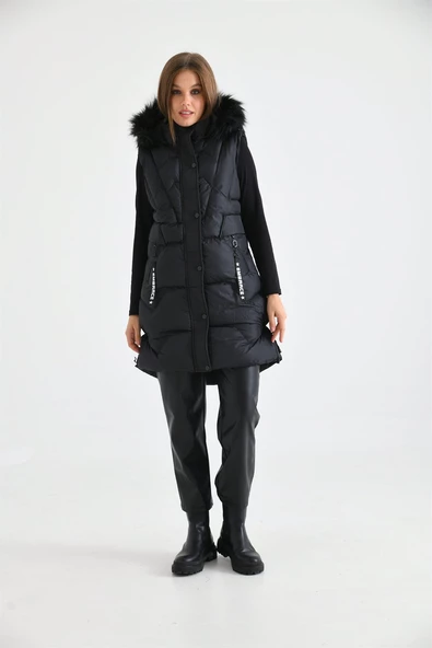 FTZ Women Kadın Kürk Detay Şişme Yelek  Siyah RBN2029 - Resim 4