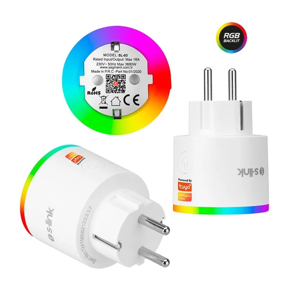S-Link SL-03 16A Akım Korumalı Akıllı Priz RGB Işıklı 2,4G Wifi-Bt Tuya Destekli - 37622 - 3