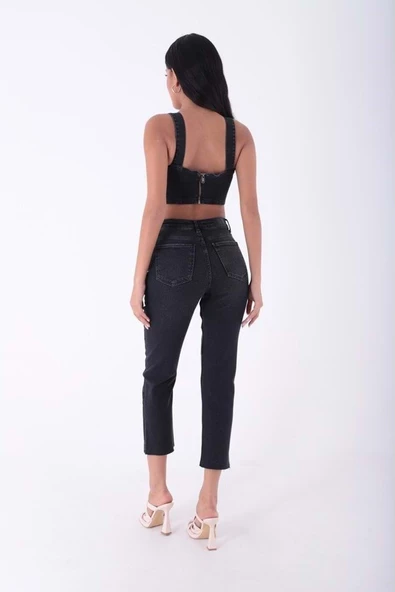 Paçaları Dikişsiz ve Yüksek Belli Cepli Astarsız Kadın Kot Pantolon Mom Fit Jean Antrasit Denim - 4