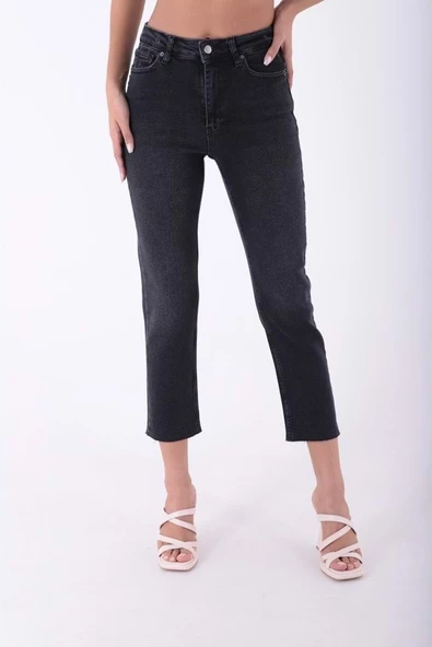 Paçaları Dikişsiz ve Yüksek Belli Cepli Astarsız Kadın Kot Pantolon Mom Fit Jean Antrasit Denim - 2
