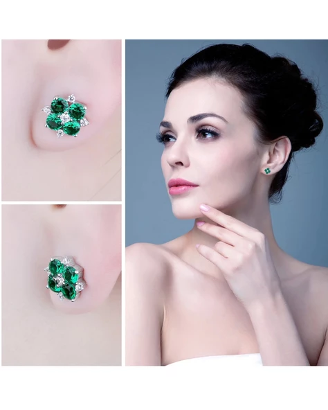 Zümrüt Taşlı Elegant Stylish Night Kadın Gümüş Küpe - 3