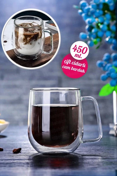 2'li Çift Cidarlı Cam Kupa Bardak 450 ml Ev Ofis Fincanı Çift Katlı Isı Yalıtımlı Kulplu Cam Bardak - 2