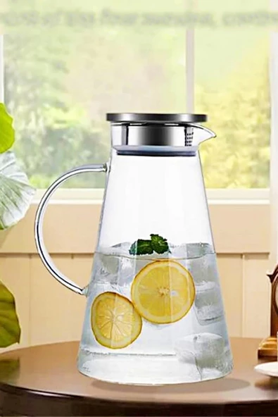 Borosilikat Cam Sürahi Karaf Cam Kulplu Metal Kapaklı Sıcak Soğuk Kokteyl Meşrubat Sürahisi 1600 ml - 4