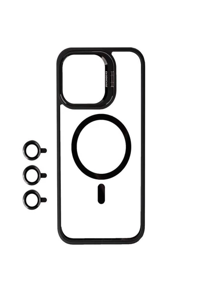 iPhone 15 Pro Kılıf Magsafe Wireless Şarj Özellikli Standlı Magsafe Klon Lensli Kapak - 3