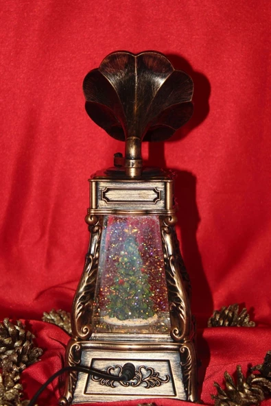 Yılbaşı Kırmızı Telefon Kulübesi Tasarımlı Gramafon Kar Küresi Çam Ağacı - 4