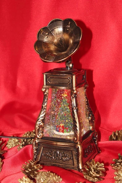 Yılbaşı Kırmızı Telefon Kulübesi Tasarımlı Gramafon Kar Küresi Çam Ağacı - 2