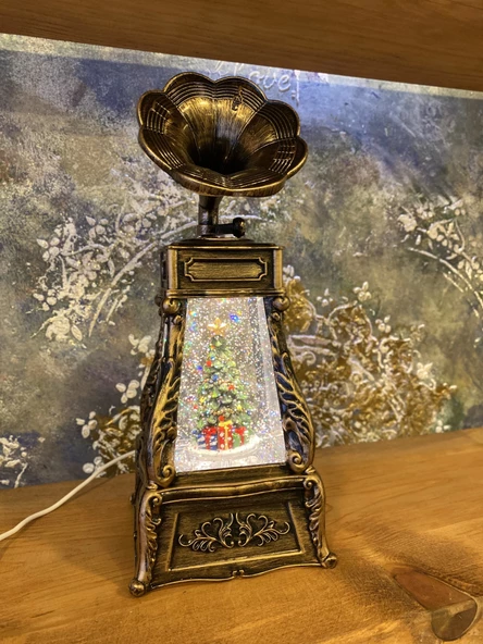 Yılbaşı Kırmızı Telefon Kulübesi Tasarımlı Gramafon Kar Küresi Çam Ağacı - 12