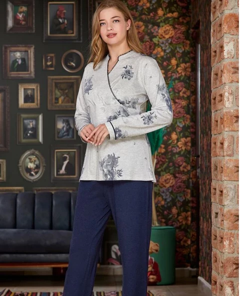 Aqua gri  Desenli Bayan Pijama Takımı - 3