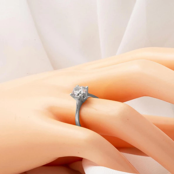 14 Ayar Beyaz Altın Tektaş Kadın Yüzük - Resim 5