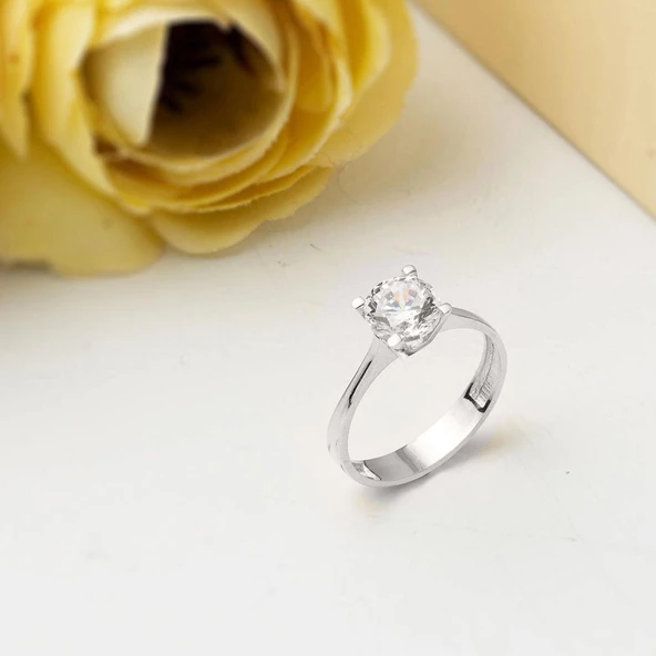 14 Ayar Beyaz Altın Tektaş Kadın Yüzük - Resim 2