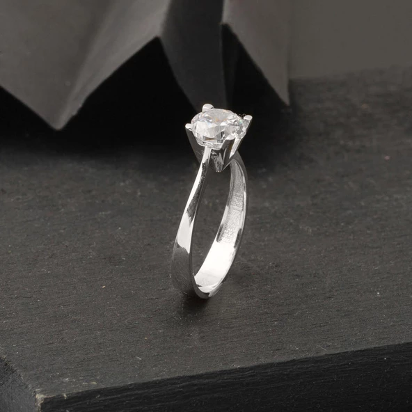 14 Ayar Beyaz Altın Tektaş Kadın Yüzük - Resim 4