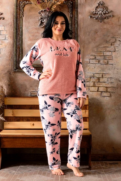 Nisanca Büyük Beden Peluş Polar Pijama Takımı- Kışlık Büyük Beden Kadın Pijama - 2