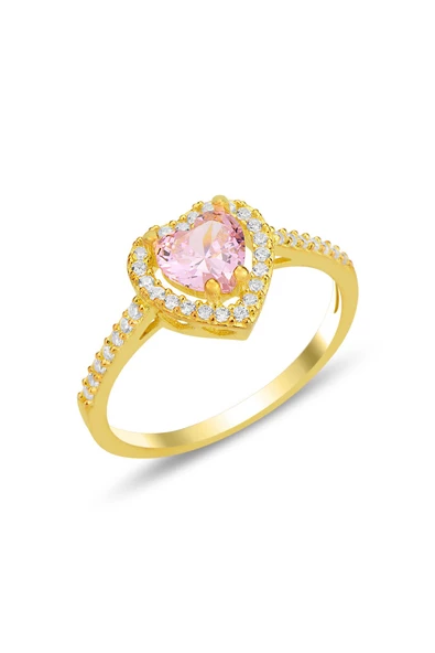 Gümüş altın yaldızlı pembe taşlı pırlanta montürlü Kalp modeli yüzük SGTL12298PEMBE - 1