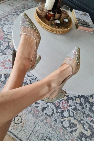 135 5465KT Topukla Kadın İncili Kısa Topuklu Abiye Ayakkabı - Resim 12