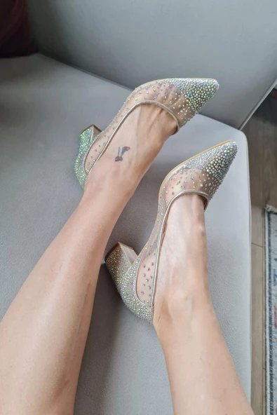 135 5465KT Topukla Kadın İncili Kısa Topuklu Abiye Ayakkabı - Resim 10