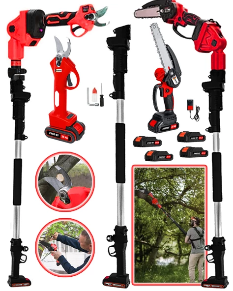 Wacker Pro RED 4 ADET Akülü Şarjlı Dal Kesme Testeresi + Budama Makası + 3,10 Metre Teleskopik Uzatma