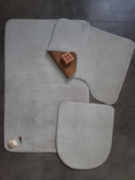 Ultrasoft Düz Gümüş Gri 3’lü Banyo Paspası Halısı Seti Kaymaz Tabanlı Yıkanabilir Klozet Takımı - 2