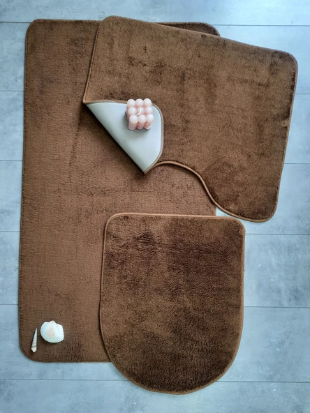 Ultrasoft Düz Kahve 3’lü Banyo Halısı Paspası Seti Kaymaz Deri Tabanlı Yıkanabilir Klozet Takımı - 2