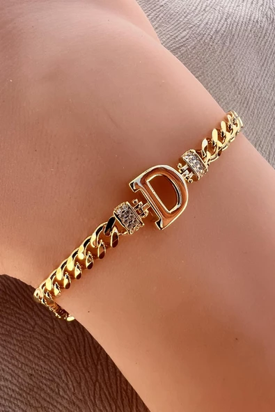 Gümüş altın yaldızlı zirkon taşlı üç boyutlu gurmet zincirli harf bileklik SGTL12300 - Resim 7