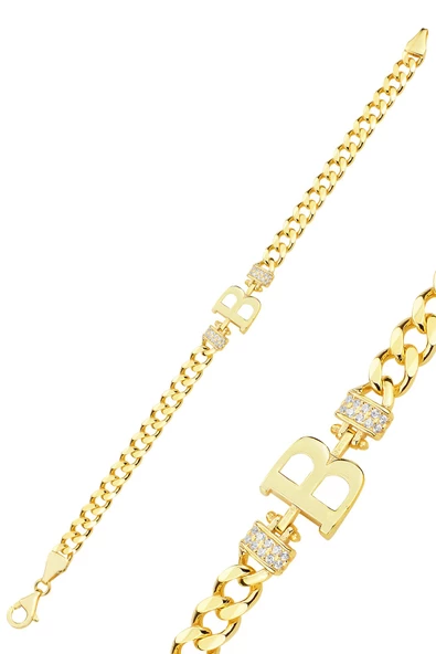 Gümüş altın yaldızlı zirkon taşlı üç boyutlu gurmet zincirli harf bileklik SGTL12300 - Resim 2