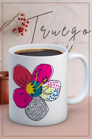 Baskılı Kupa Bardak Seramik Mug - Soyut Çiçek