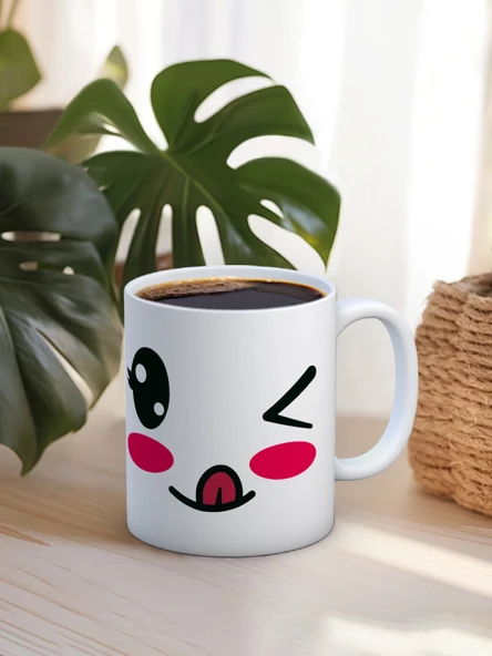 Baskılı Kupa Bardak Seramik Mug - Göz Kırpan Emoji