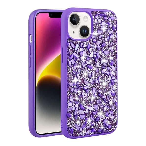 Apple iPhone 14 Plus Kılıf Parlak Taşlı Tasarım Stone Linea Kapak - 5