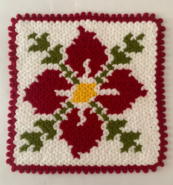 Banyo Lifi Yün El Örmesi Ceyizlik Kare  Çiçek Desenli - Kırmızı - 2