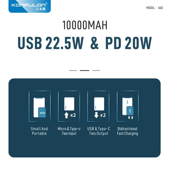 Konfulon A6Q 22.5W Usb QC 3.0 20W Type-C Çıkışlı 10000 mAh Mini Powerbank - 8