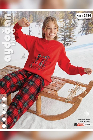 Aydoğan Kız Garson Koza interlok Kırmızı Ekose Pijama Takımı 2484 - 2