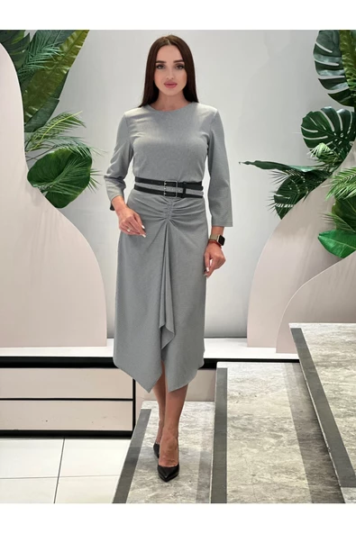 Modatalika Kadın Asimetrik Kesim Önü Büzgülü Pöti Kare Kemerli Elbise - Resim 4