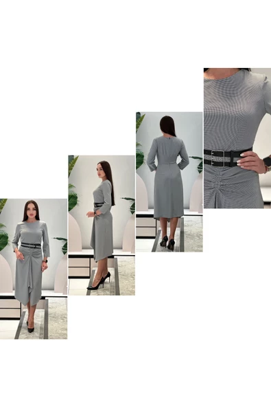 Modatalika Kadın Asimetrik Kesim Önü Büzgülü Pöti Kare Kemerli Elbise - Resim 9