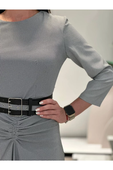 Modatalika Kadın Asimetrik Kesim Önü Büzgülü Pöti Kare Kemerli Elbise - Resim 7