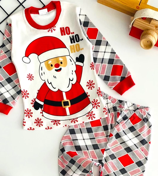 Neşeli Bebekler Yılbaşı Temalı Ekose Baskılı Desen Penye Pijama Takımı - 2