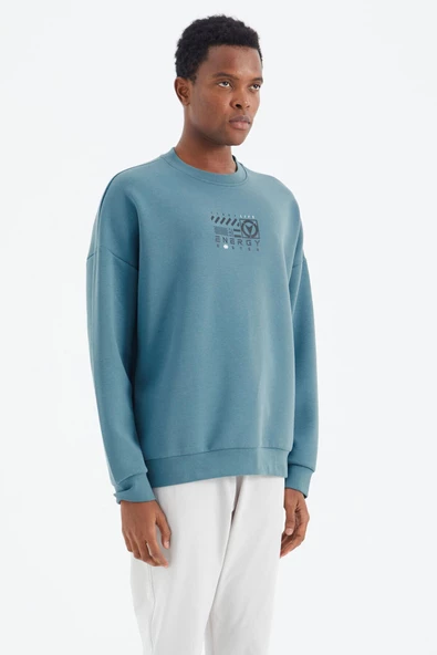 TOMMY LIFE Orman Yeşili O Yaka Baskı Detaylı Rahat Kalıp Erkek Swetshirt - 88284 T14ER-88284 - Resim 4