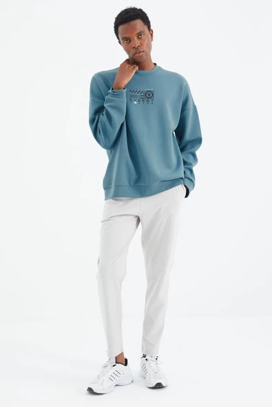 TOMMY LIFE Orman Yeşili O Yaka Baskı Detaylı Rahat Kalıp Erkek Swetshirt - 88284 T14ER-88284 - Resim 5