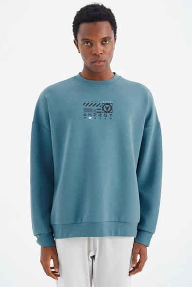 TOMMY LIFE Orman Yeşili O Yaka Baskı Detaylı Rahat Kalıp Erkek Swetshirt - 88284 T14ER-88284