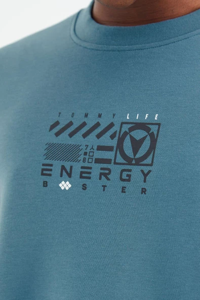 TOMMY LIFE Orman Yeşili O Yaka Baskı Detaylı Rahat Kalıp Erkek Swetshirt - 88284 T14ER-88284 - Resim 2
