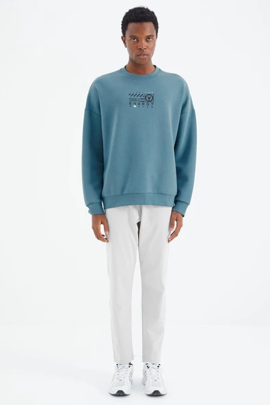 TOMMY LIFE Orman Yeşili O Yaka Baskı Detaylı Rahat Kalıp Erkek Swetshirt - 88284 T14ER-88284 - Resim 3
