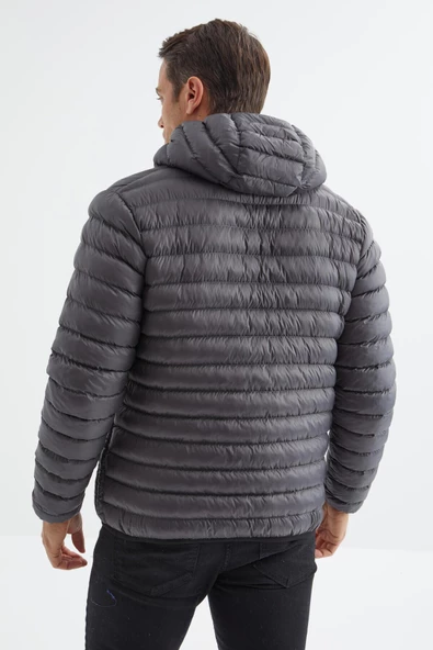 TOMMY LIFE Antrasit Fermuarlı Kapüşonlu Standart Kalıp Erkek Şişme Mont - 88167 T11ER-88167 - 8