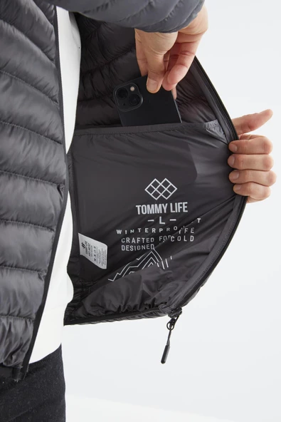 TOMMY LIFE Antrasit Fermuarlı Kapüşonlu Standart Kalıp Erkek Şişme Mont - 88167 T11ER-88167 - 7